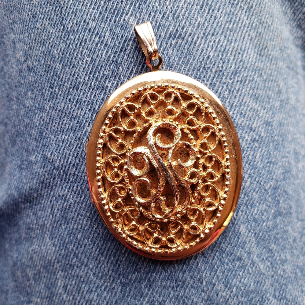 Huge 70's Vintage Gold-tinted Metal Victorian Style Locket Pendant